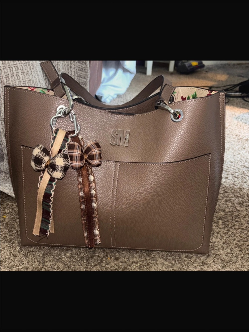Steve Madden Taupe Pebbled Satchel with Plaid Ribbon Charm